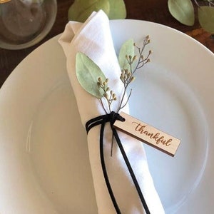 Thankful Tags Thanksgiving Napkin Ring One Dozen Engraved Wood image 1