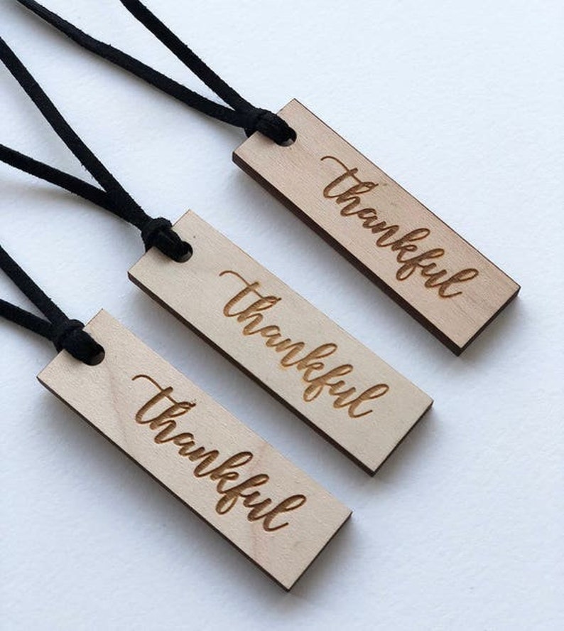 Thankful Tags Thanksgiving Napkin Ring One Dozen Engraved Wood image 2