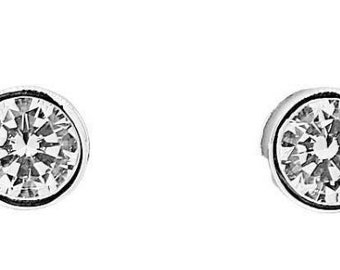 Sterling Silver Bezel Stud Earrings, Minimalist Round CZ Earrings, Classic Everyday Jewelry, Elegant Gift for Women