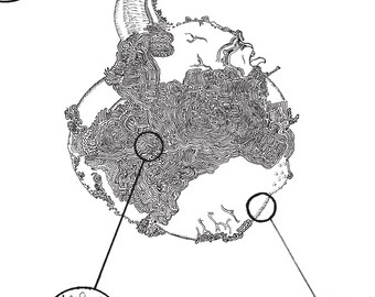May include: A black and white line drawing of a spherical cell structure with three circular callout magnifications. The central image shows detailed internal textures, while the callouts display magnified views of cellular components.