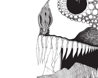 May include: A black and white ink illustration featuring a profile view of a creature with an open mouth, sharp teeth, and a large circular eye. The artwork displays intricate line work, patterns, and textures throughout the composition.