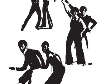 May include: A black and white graphic illustration featuring three distinct groups of figures in dynamic dancing poses. The silhouettes depict individuals with arms raised and legs in motion, capturing energetic movement in a high-contrast style.
