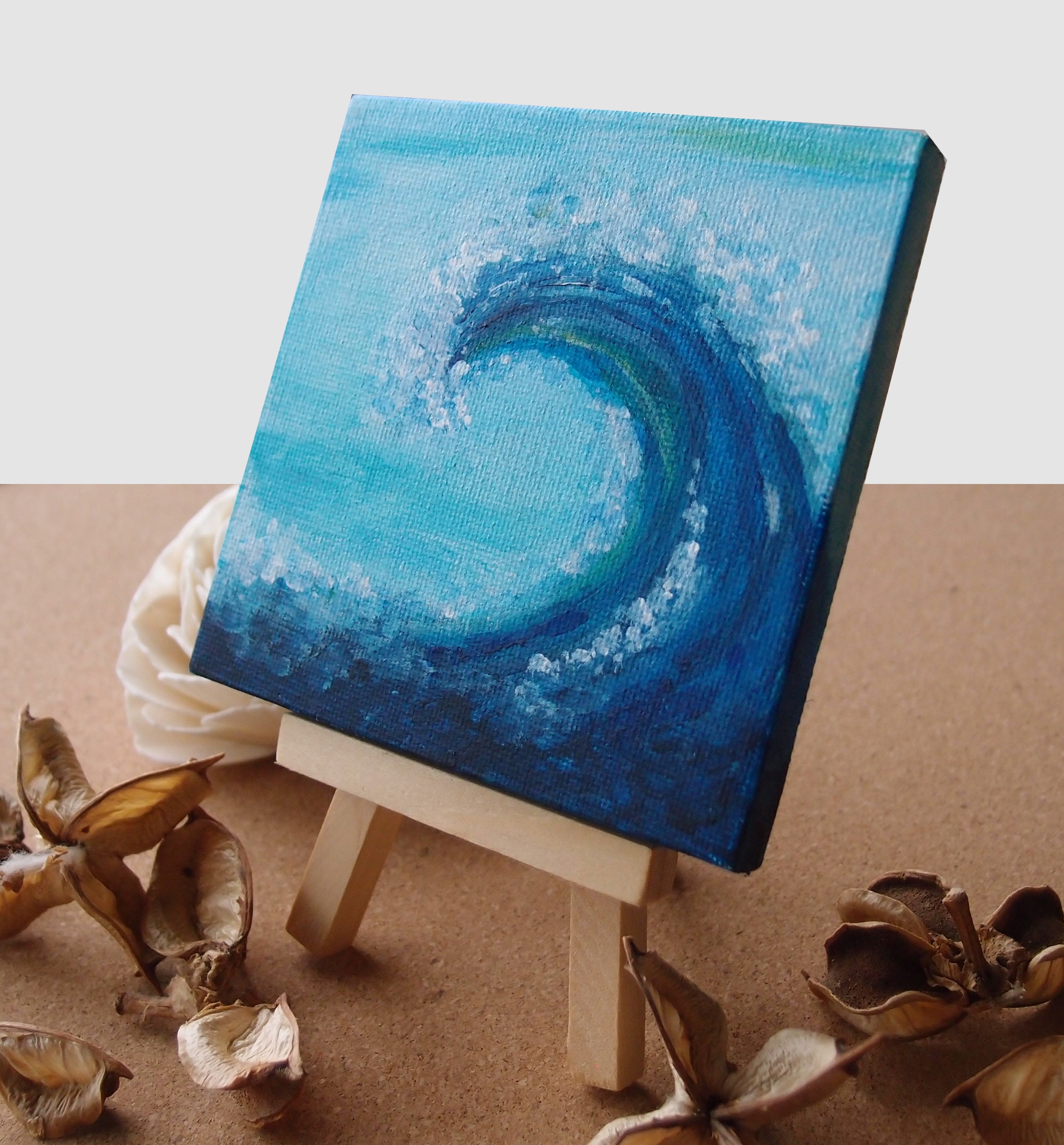Miniature Original Abstract Acrylic Painting on 2x2 Canvas with Easel: Soft  Sea