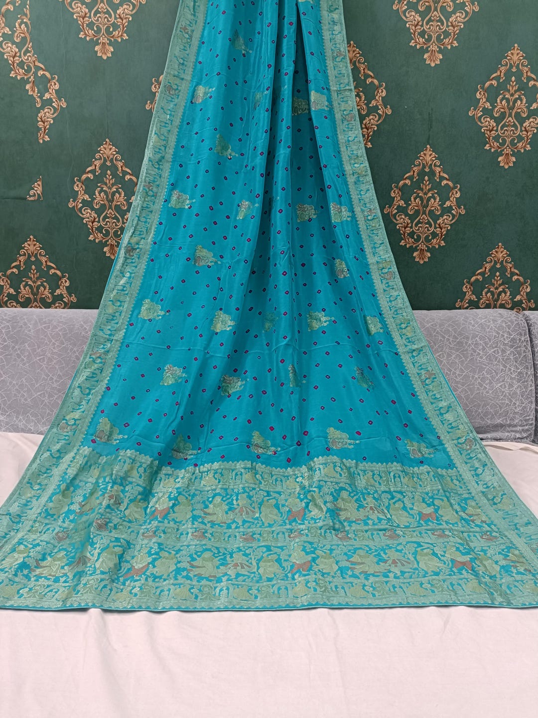 Braj Ras Radha Krishna Motif Banarasi Woven Silk Saree With Bandhani ...