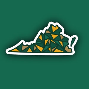 May include: A sticker featuring the outline of the state of Virginia, filled with a geometric pattern of green, gold, and brown triangles. The sticker has a white border and is set against a dark green background.