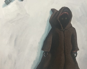 50cm x 40cm acrylic on canvas painting of original 1977 Star Wars figure. Jawa.