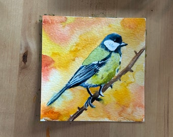 10 cm square watercolour painting of a great tit bird.