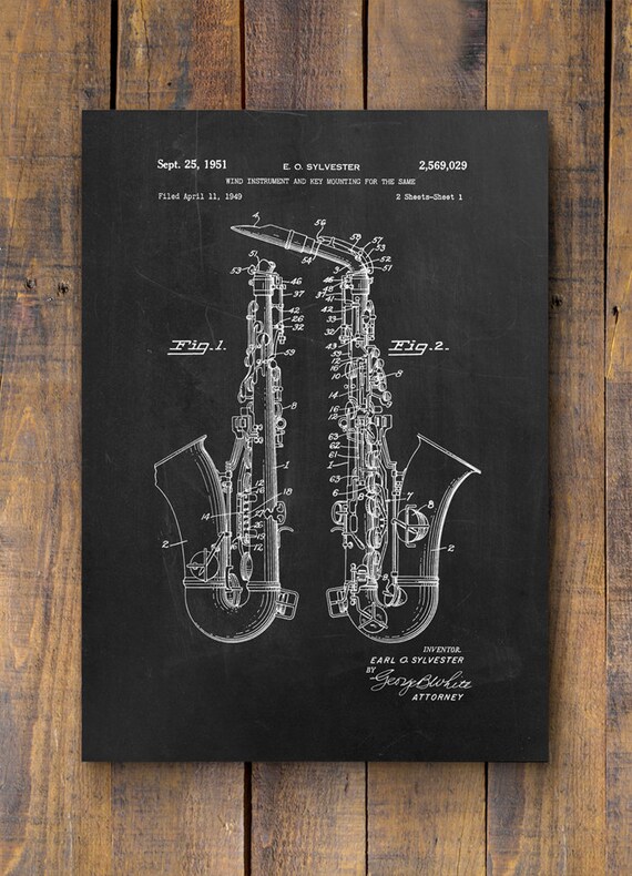 Sax Player Musician Band Director Print Gift S0011 Patent Art Saxophone