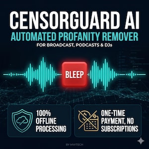 以下が含まれることがあります： CensorGuard AIの広告。自動的に不適切な言葉を削除するソフトです。「CENSORGUARD AI」と「AUTOMATED PROFANITY REMOVER」の文字。中央には「BLEEP」という文字が入った赤い四角があります。「100% OFFLINE PROCESSING」と「ONE-TIME PAYMENT, NO SUBSCRIPTIONS」も表示されています。