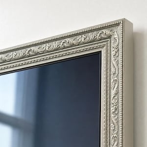 Può includere: Uno specchio rettangolare con un'ampia cornice argentata decorata, caratterizzata da intricati motivi floreali e volute in rilievo, rifinita con un bordo a perline che circonda la superficie in vetro riflettente.