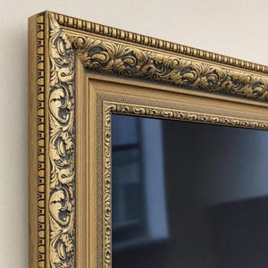 May include: A rectangular wall mirror featuring an ornate, heavy gold-toned frame with intricate relief carvings of scrolling foliage and textured patterns. The frame has a deep, layered profile with a dark, recessed inner border surrounding the glass.