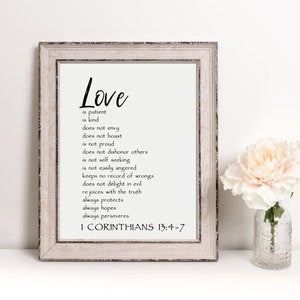 El amor es paciente, el amor es amable Versículo bíblico / 1 Corintios 13:4-7 / 4 jpgs y 1 svg / Decoración cristiana del hogar / Regalo de inauguración de la casa de fe