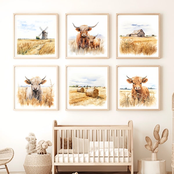 Highland Cow Nursery Prints Set of Six (6) |  | Baby Shower Gift | Kid & Child Wall Decor | Gender Neutral Nursery