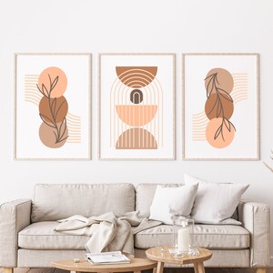 Boho Neutral Wall Art Set of 3 | Brown Geometric Living Room Decor Printables | Beige Abstract Prints