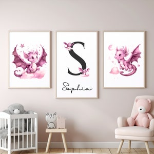 Personalized Pink Dragons Nursery Prints Set of Three (3) | Kid & Child Wall Decor | Baby Shower Gift | Girl Nursery Wall Art