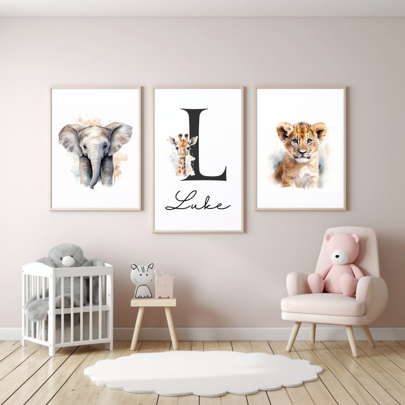 Personalized Safari Nursery Prints Set of Three 3 Lion Giraffe Elephant