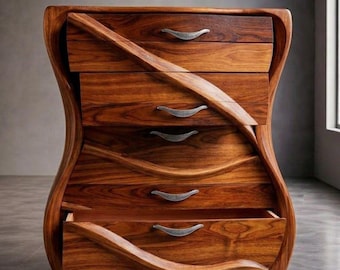 Sculptural Walnut 5-Drawer Chest, Organic Modern Wavy Bedside Table