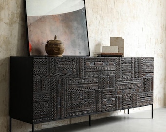 Hand Carved Dark Wood Sideboard, Boho Tribal Geometric Brutalist Buffet Console