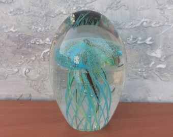 Jellyfish Paperweight, Handmade Art Jellyfish, Blown Glass, Hand Blown Murano Glass, Glass Paperweight Egg, Blue Green Jellyfish Paperweight