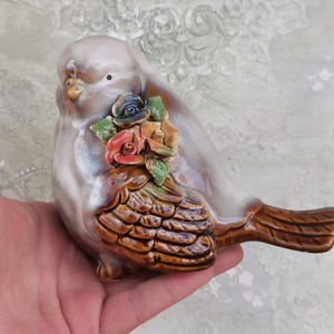 Handmade Ceramic Sparrow Figurine: Vintage Bird with Roses Decor