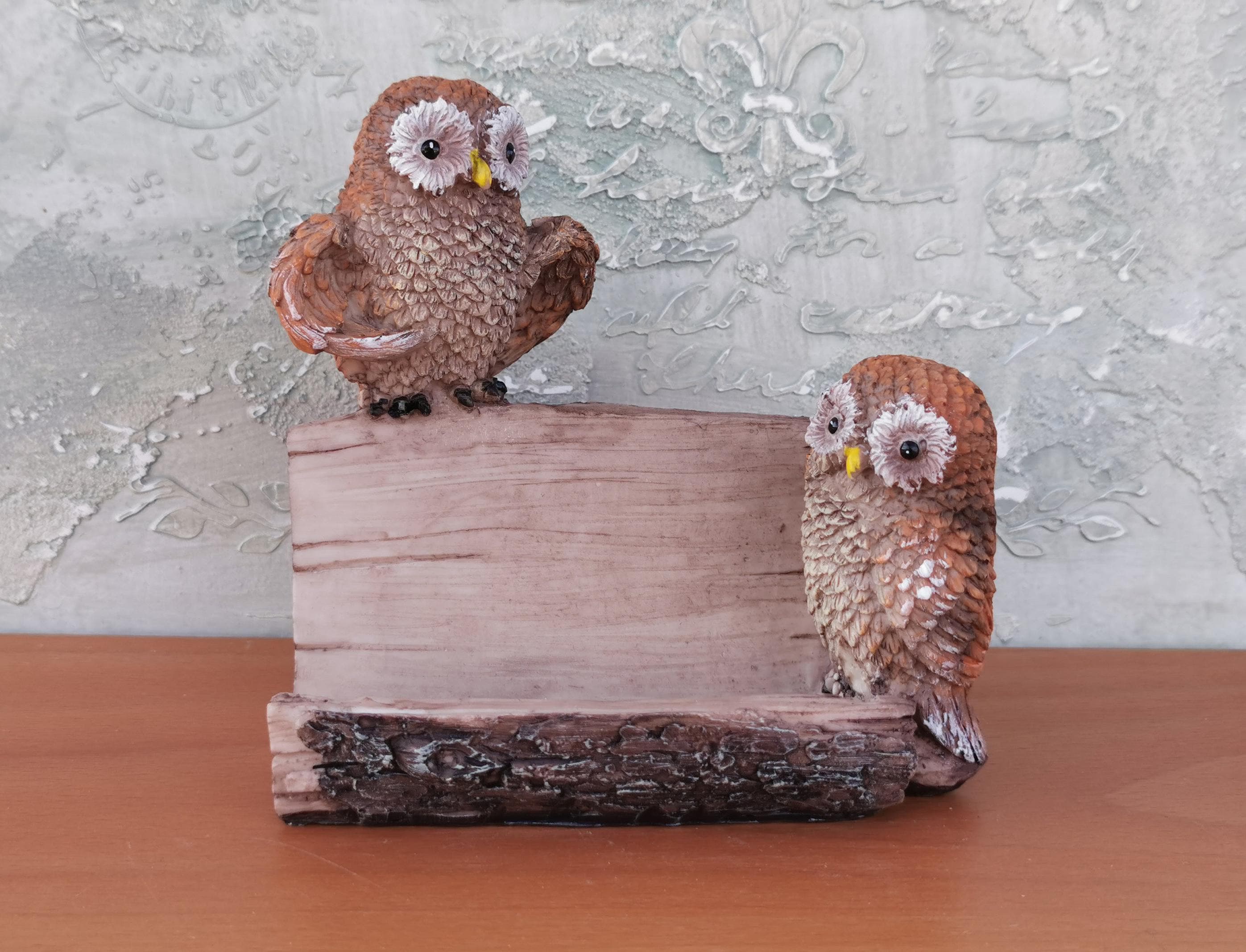 Vintage Owl Figurine Phone Stand: Resin Business Card Holder