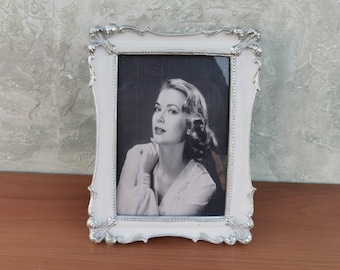 Marco de fotos antiguo, marco blanco vintage, marco de fotos, marco de fotos de plata blanca romántica, marco de resina, marco de imagen victoriano 5"x7"