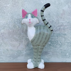 Cat, Vintage Cat Figurine, Green Cat, Rustic Wooden Cat, Primitive Cat, Kitten With Blue Eyes, Hand Carved Cat Statue, Green Cat Talisman