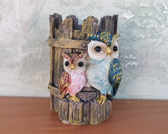Owls, Pencil Holder, Vintage Pencil Holder with Owls, Office Organizer, Books Pencils and Chemicals Holder, Two Owls on a Fence, Gifts