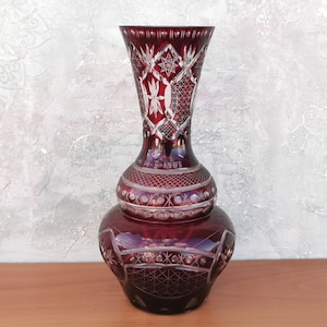 Red Crystal Glass Vase, Flower Vase, Hand Carved Glass Vase, Vintage Flower Vase, Red Bohemia Vase, Handmade Vase, Crystal Bohemia, Gifts