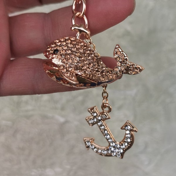 Keychain with Kit and Anchor, Vintage Metal Keychain, Small Gold Whale with Crystals and Golden Anchor with Crystals, Pendant with Kit, Gift