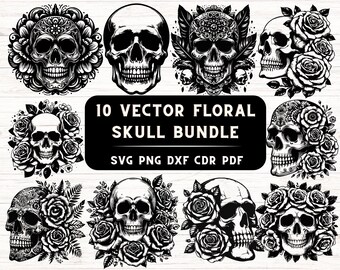 Floral Skull SVG Bundle: Gothic Rose Clipart (Digital Download)