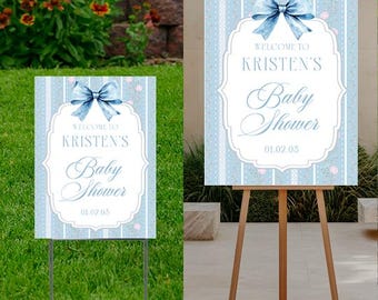 Welcome to Baby  Shower Blue Bow Sign with H-Stake  24x18 or 24x32 for an easel, printed on coroplast, Personalize, Pattern Background, Boy