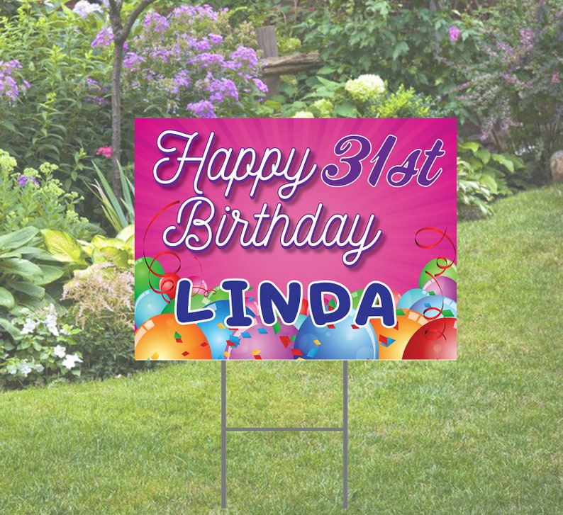 Happy Birthday Balloons Yard Sign Pink Background comes with H-Stake 24x18 printed on coroplast