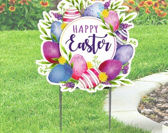 Easter Yard Sign Cutout - Happy Easter flowers, Eggs  20''x20'' Coroplast Sign with Stake