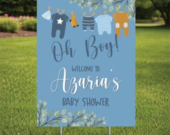 Welcome Baby Shower Yard Sign with H-Stake  24x18 or 24x32, printed on coroplast, Personalize, Oh boy, Blue Background, Clothing on a line