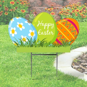 Happy Easter Yard Signs, 3 Easter Eggs Yard Sign Découpe 73,7 x 30,5 cm avec piquet