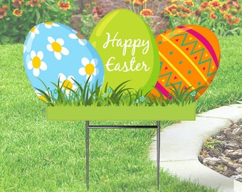 Happy Easter Yard Signs,  3 Easter Eggs  Yard Sign Cutout   29''x12'' with Stake