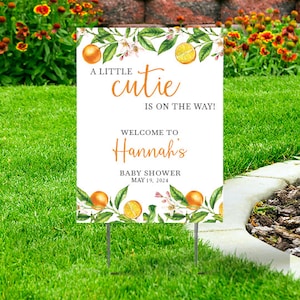 Welcome Baby Shower Yard Sign with H-Stake  24x18 or 24x36, printed on coroplast, Personalize, A little cutie is on the way, Oranges theme