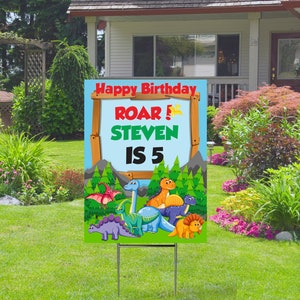 Dinosaur Theme Happy Birthday Yard Sign Comes with H-Stake 24x18, printed on coroplast,  Personalized