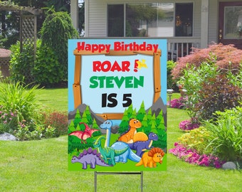 Dinosaur Theme Happy Birthday Yard Sign Comes with H-Stake 24x18, printed on coroplast,  Personalized