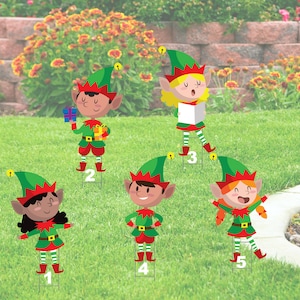 Elves set of 5 Yard Sign Cutout comes with H-Stake  36'', printed on coroplast  Christmas Yard Decorations, Elf