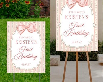 Welcome to Baby  Shower Pink Bow Sign  24x18 or 24x32 for an easel, printed on coroplast, Personalize, Stripe Pattern Background, Girl