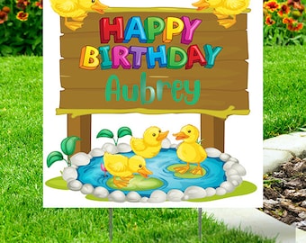Happy Birthday Duck Theme Birthday Yard Sign comes with H-Stake  24x24, printed on coroplast Colorful, Personalize