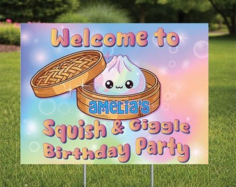 Birthday Party Squish & Giggle Yard Sign comes with H-Stake  24x18,   coroplast. Personalize,