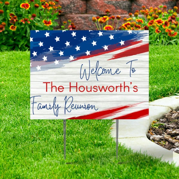 Family Reunion Yard Sign (single or double-sided)  Comes with H-Stake  24x18, printed on coroplast USA, America Theme, wooden background