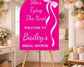 Bridal Shower, She is tying the knot, Pink Background with white,  24''x30'' cutout coroplast for easel