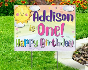 Birthday Yard Sign, Turning....  , Sun, Rainbow, Colorful Theme comes with H-Stake  24x18,   coroplast. Kids, Children, Personalize