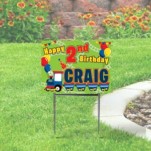 Children Birthday Train Theme Yard Sign  (single or doube-sided)  Comes with H-Stake 24x18, printed on coroplast,  Personalized
