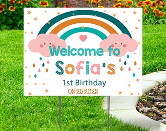 Rainbow Cloud Welcome to  Birthday Yard Sign - comes with H-Stake  24x18, printed on coroplast, Personalize