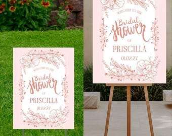 Welcome to Bridal  Shower Pink Leaves & Flowers Sign  24x18 or 24x32 for an easel, printed on coroplast, Personalize